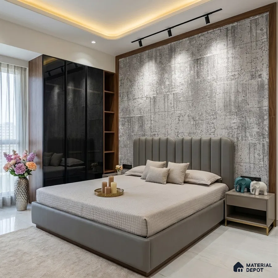 Modern bedroom with concrete finish wallpaper, grey upholstered bed, and black glass wardrobe