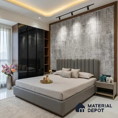 Modern bedroom with concrete finish wallpaper, grey upholstered bed, and black glass wardrobe