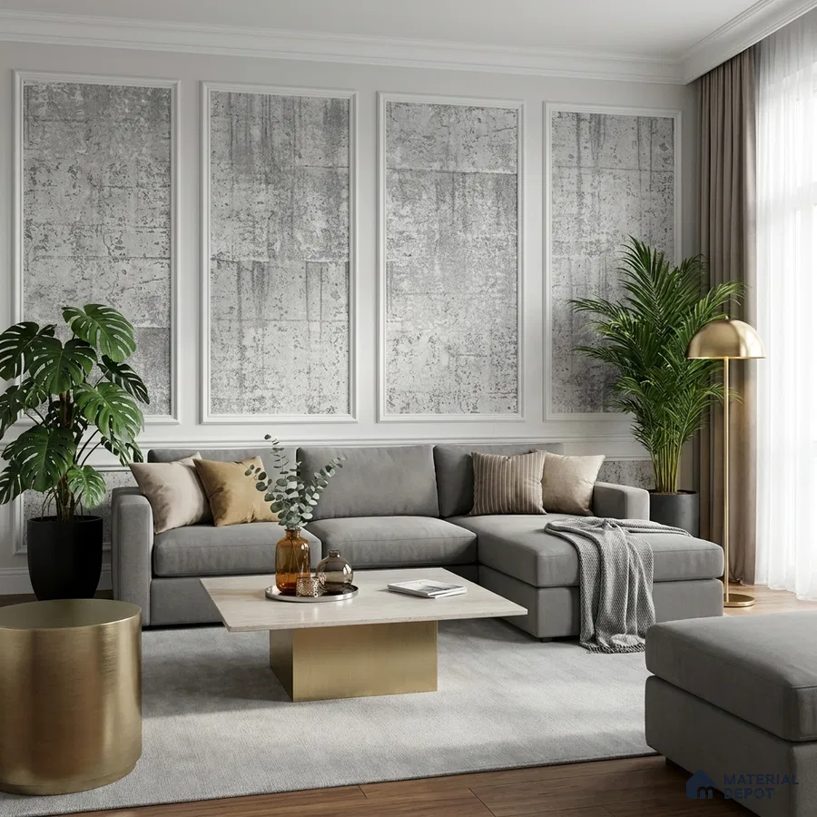 Modern living room with grey textured wall panels, velvet upholstery, and brushed gold accents