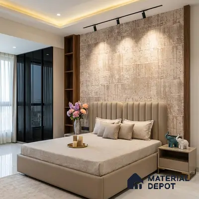 Modern bedroom with textured beige accent wall, suede upholstered bed, and walnut wood shelving