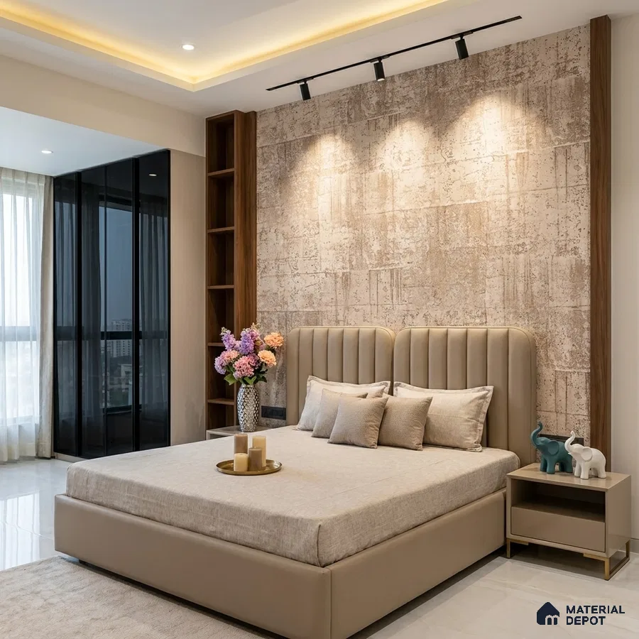 Modern bedroom with textured beige accent wall, suede upholstered bed, and walnut wood shelving