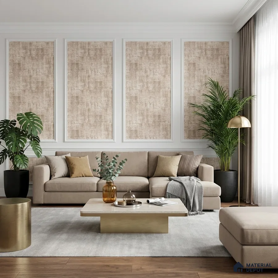 Modern living room with beige textured wallpaper panels, taupe fabric sofa, and wooden flooring