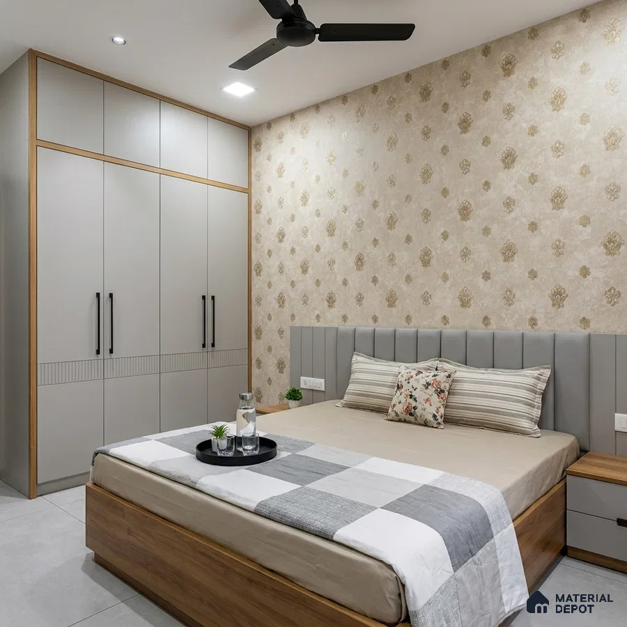 Modern bedroom with beige floral wallpaper, grey solid laminate wardrobe, and wood finish bed