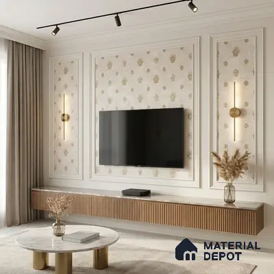 Modern TV unit with fluted wood laminate, marble top, and gold patterned wallpaper