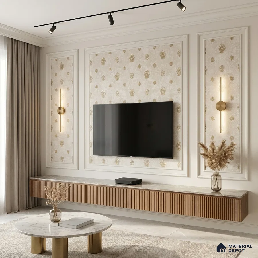 Modern TV unit with fluted wood laminate, marble top, and gold patterned wallpaper