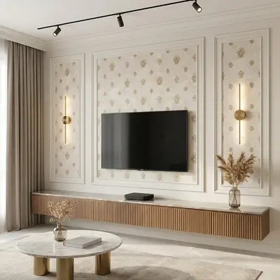 Modern TV unit with fluted wood laminate, marble top, and gold patterned wallpaper