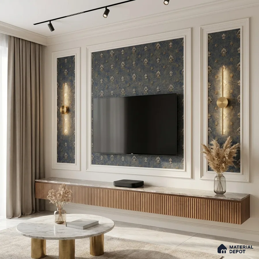 Art Deco TV unit with blue patterned wallpaper, fluted wood laminate, and marble top