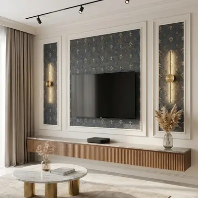 Art Deco TV unit with blue patterned wallpaper, fluted wood laminate, and marble top