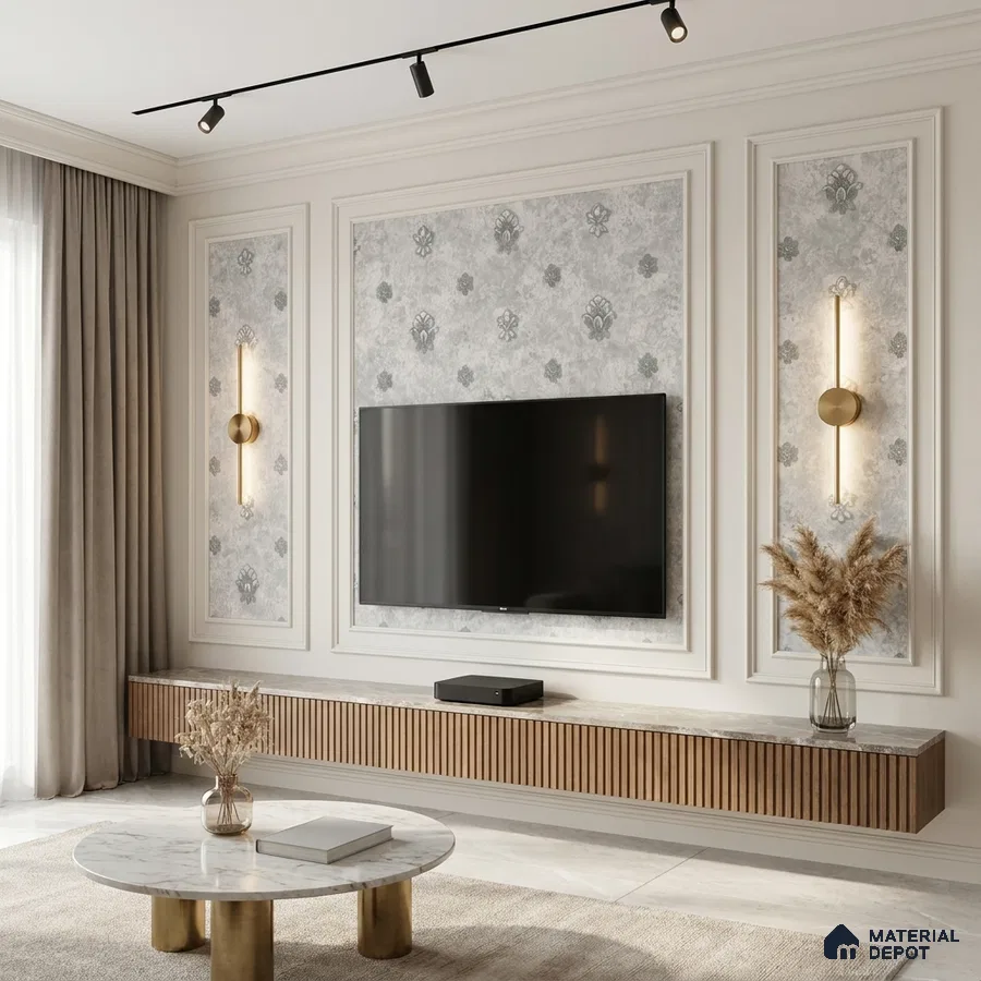 Modern living room with marble top TV unit, fluted wood laminate, and patterned wallpaper