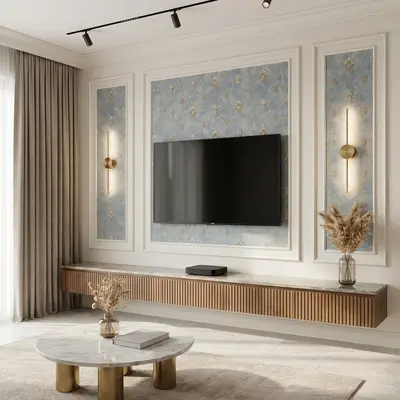 Art Deco living room with blue patterned wallpaper, marble top TV unit, and fluted wood laminate