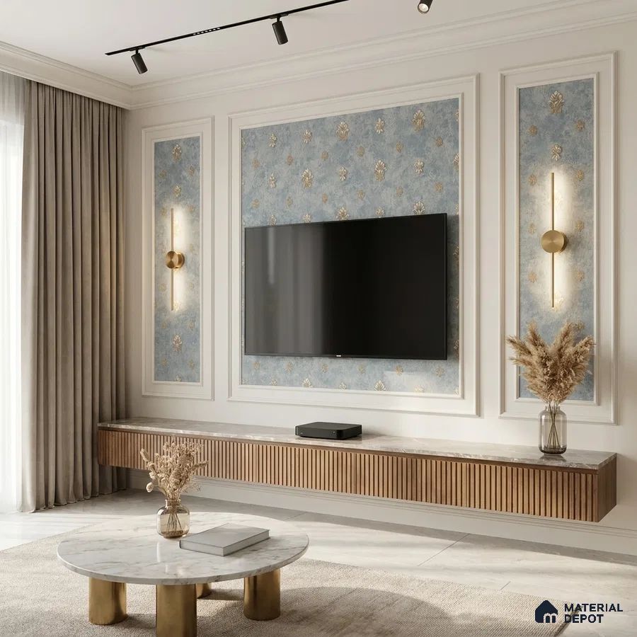 Art Deco living room with blue patterned wallpaper, marble top TV unit, and fluted wood laminate