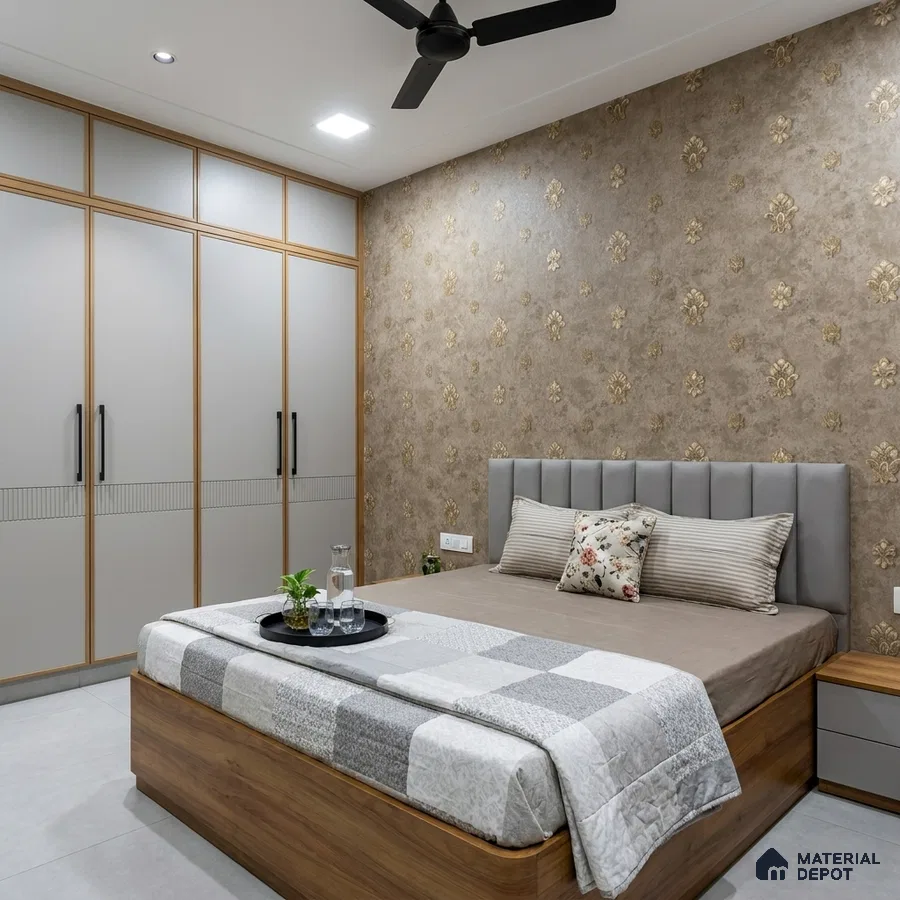 Modern bedroom with beige floral wallpaper, grey matte wardrobe, and wood finish bed