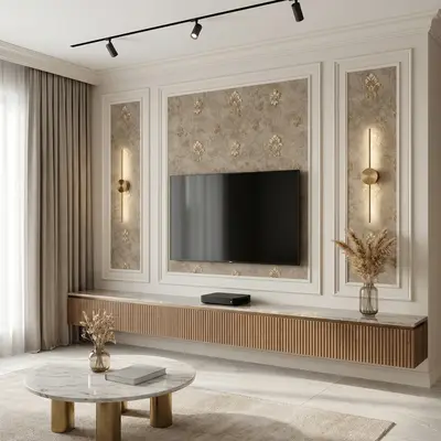 Art Deco living room with gold-accented wallpaper, marble coffee table, and fluted wooden TV unit