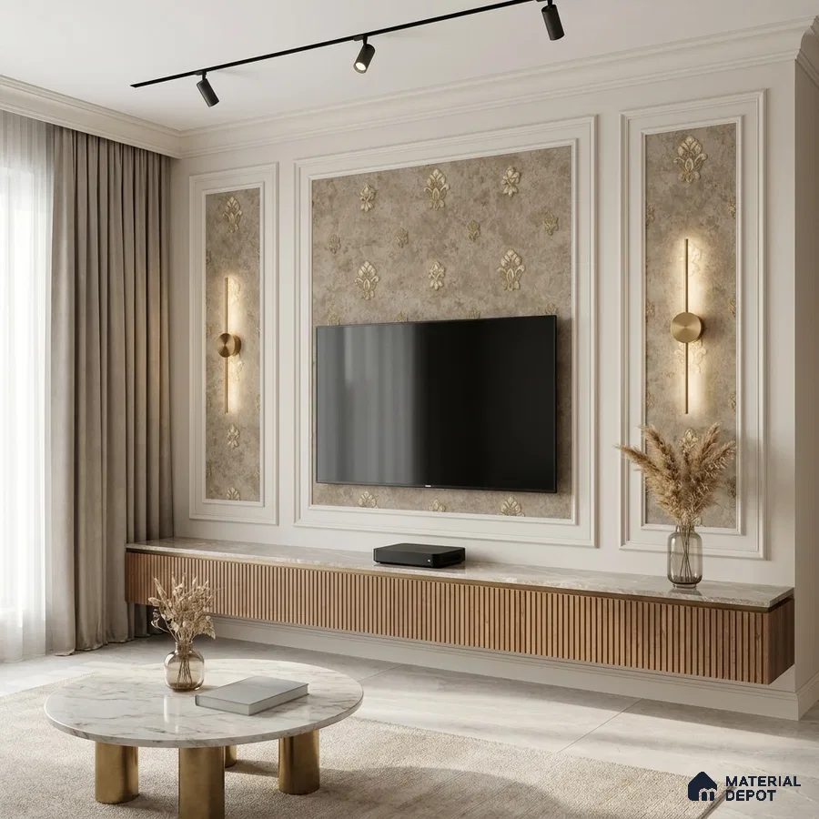 Art Deco living room with gold-accented wallpaper, marble coffee table, and fluted wooden TV unit
