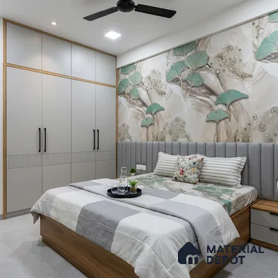 Modern bedroom with floral wallpaper, grey upholstered headboard, and matte beige wardrobe laminate