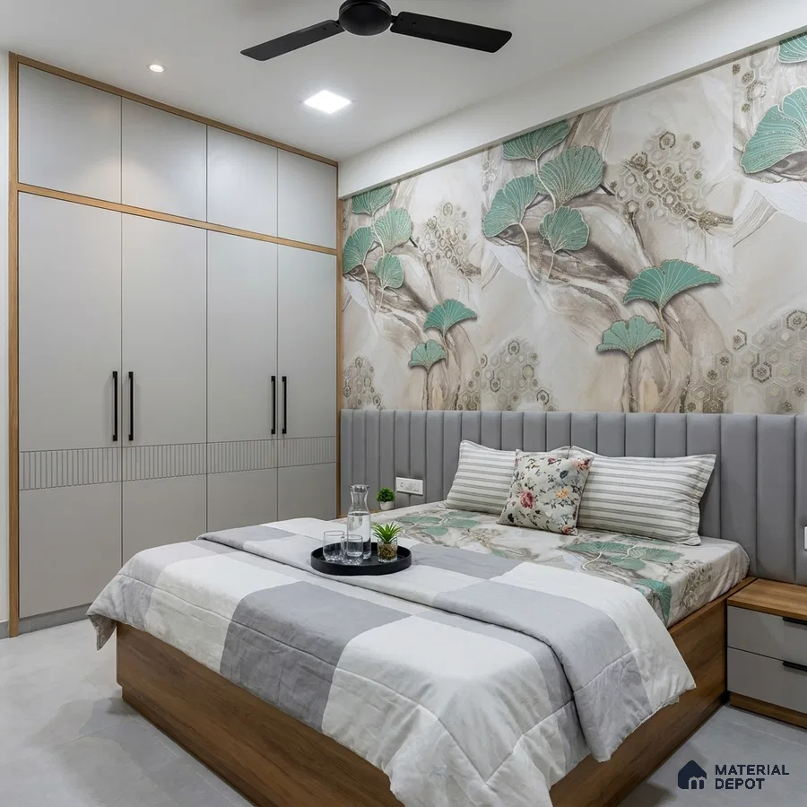 Modern bedroom with floral wallpaper, grey upholstered headboard, and matte beige wardrobe laminate