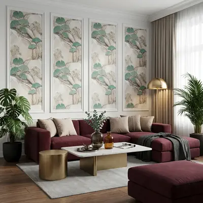 Art Deco living room with chinoiserie wallpaper panels, burgundy velvet sofa, and marble coffee table