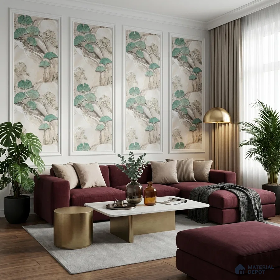 Art Deco living room with chinoiserie wallpaper panels, burgundy velvet sofa, and marble coffee table