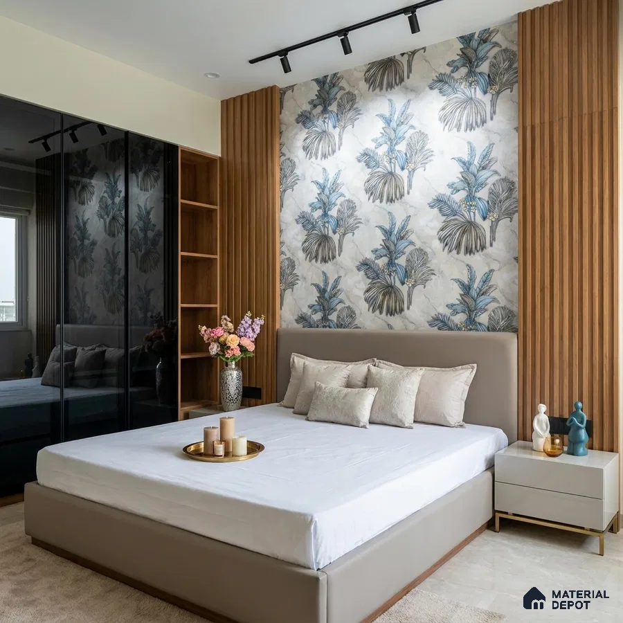Modern bedroom with tropical wallpaper, wooden fluted panels, and glossy black wardrobe shutters
