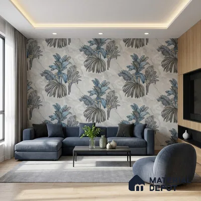 Modern living room with blue tropical wallpaper, grey velvet sofa, and light oak wooden paneling