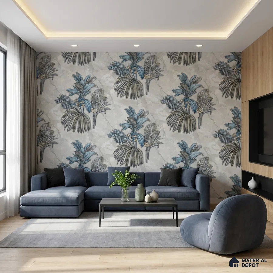 Modern living room with blue tropical wallpaper, grey velvet sofa, and light oak wooden paneling