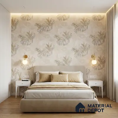 Scandinavian bedroom with beige floral wallpaper, suede upholstered bed, and light oak wooden flooring
