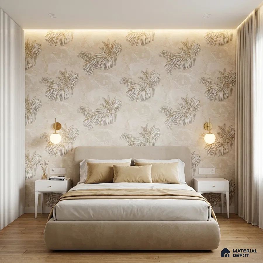 Scandinavian bedroom with beige floral wallpaper, suede upholstered bed, and light oak wooden flooring