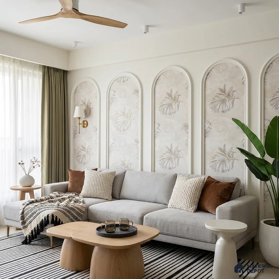 Scandinavian living room with botanical wallpaper panels and light oak coffee table