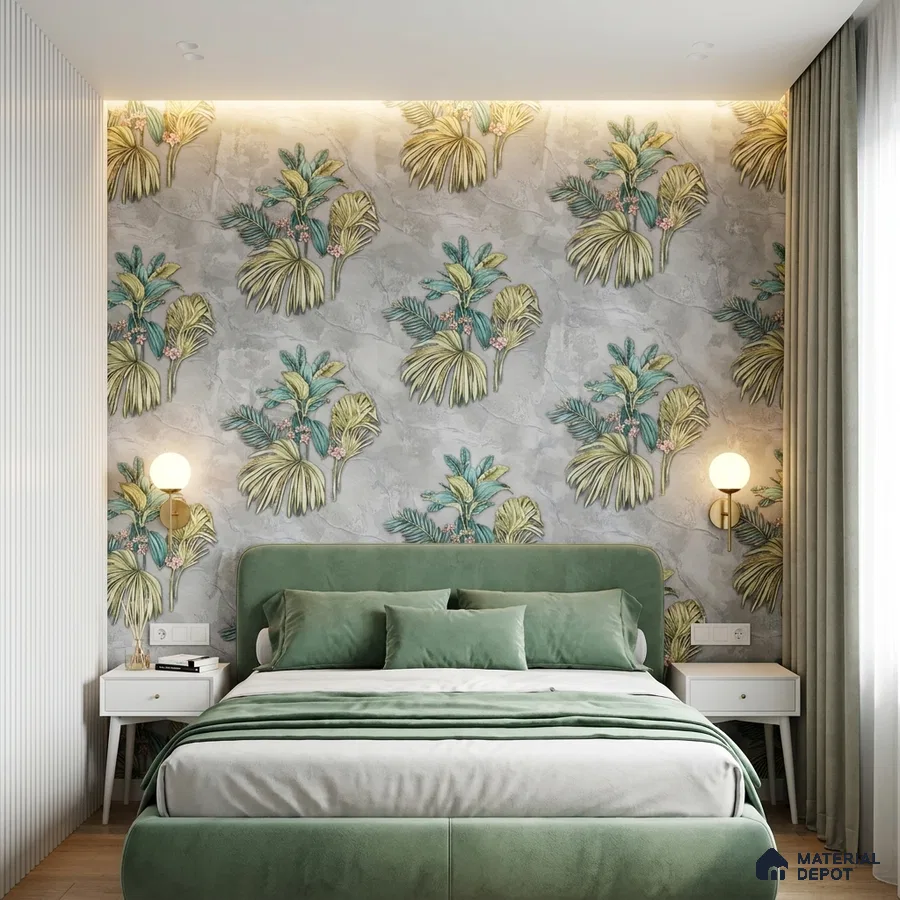 Modern bedroom with tropical patterned wallpaper and sage green suede upholstered bed