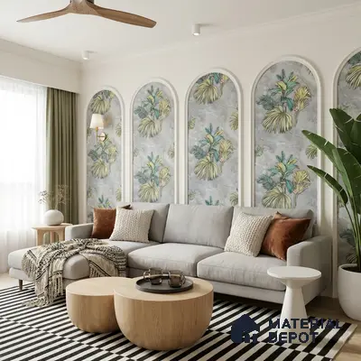 Scandinavian living room with tropical patterned wallpaper, light oak coffee tables, and striped rug