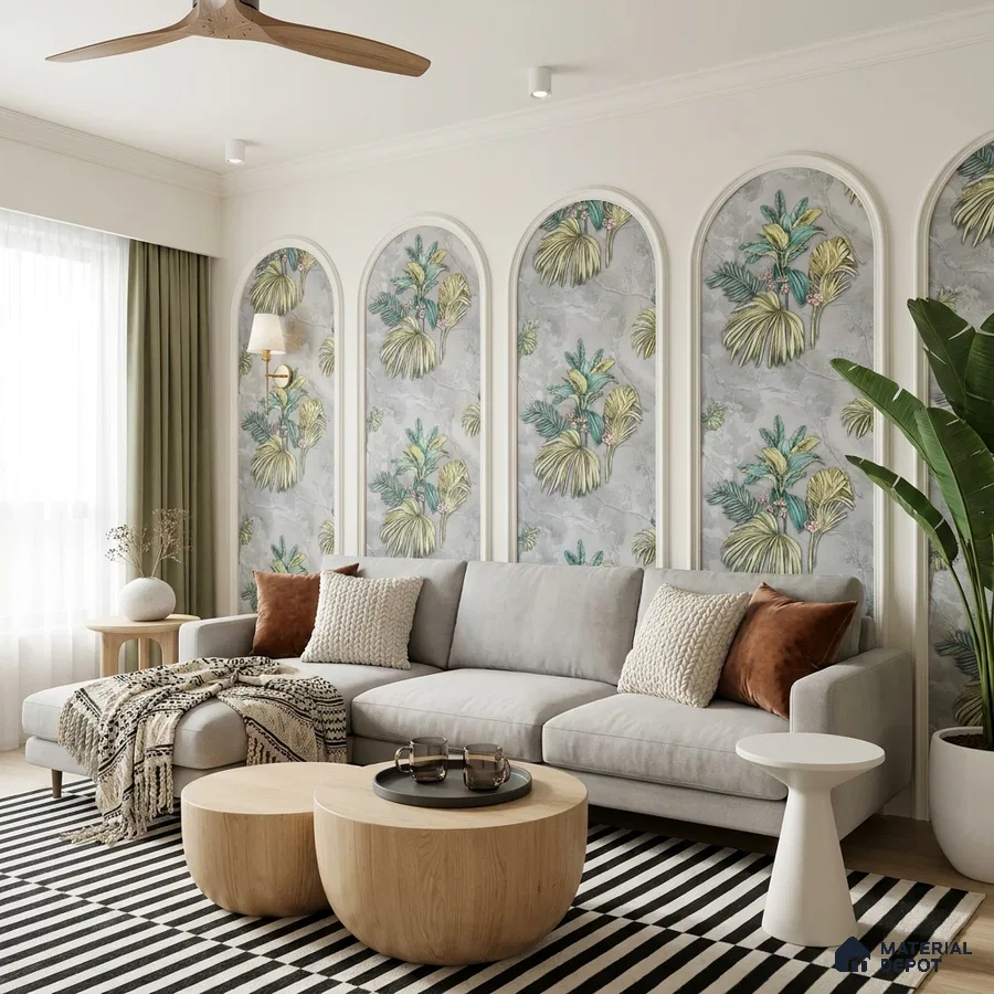 Scandinavian living room with tropical patterned wallpaper, light oak coffee tables, and striped rug