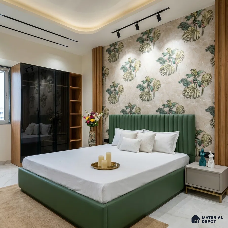 Modern bedroom with tropical wallpaper, sage green suede upholstered bed, and glass wardrobe shutters