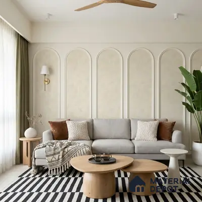 Scandinavian living room with beige textured wall panels and light oak coffee tables