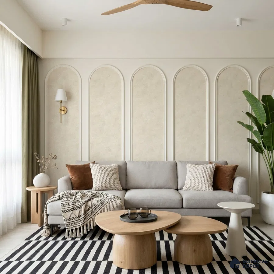 Scandinavian living room with beige textured wall panels and light oak coffee tables