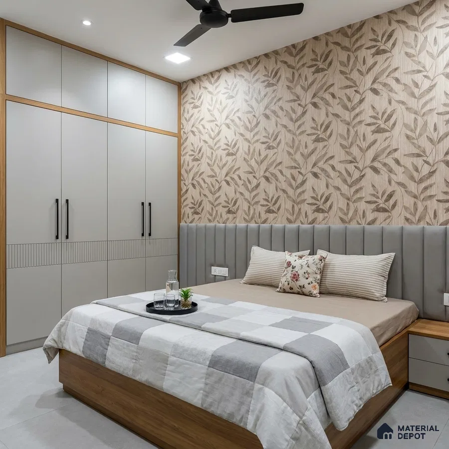 Modern bedroom with beige floral wallpaper, grey upholstered headboard, and light wood wardrobe