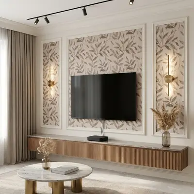 Modern TV unit with fluted wood laminate, marble top, and beige botanical wallpaper