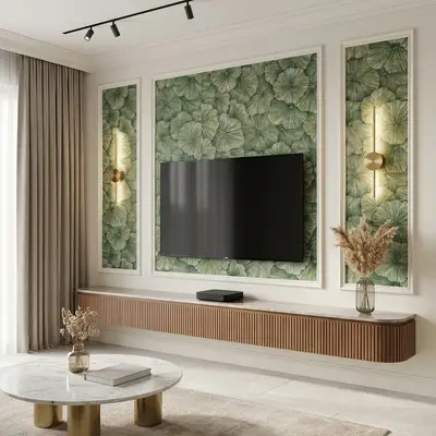 Modern living room with green botanical wallpaper, fluted wood TV unit, and marble coffee table