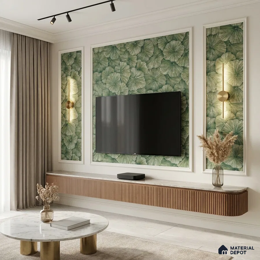 Modern living room with green botanical wallpaper, fluted wood TV unit, and marble coffee table