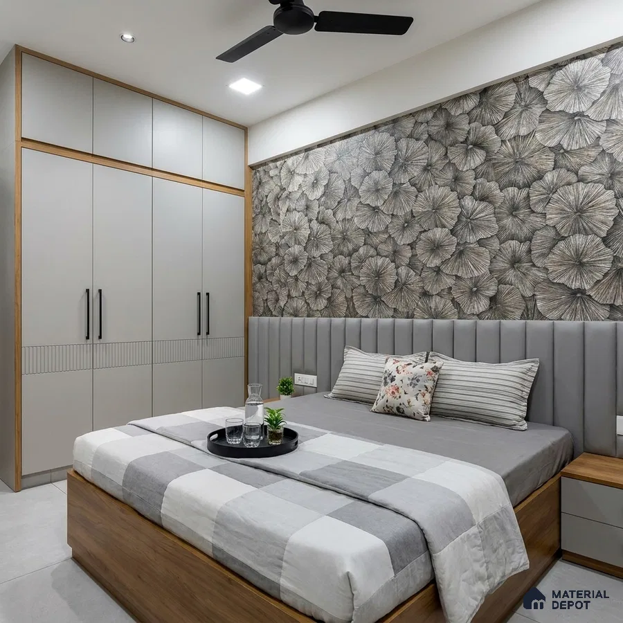 Modern bedroom with floral wallpaper, grey upholstered headboard, and light grey wardrobe laminate