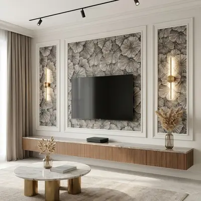 Modern living room with floral wallpaper, marble top TV unit, and fluted wood laminate
