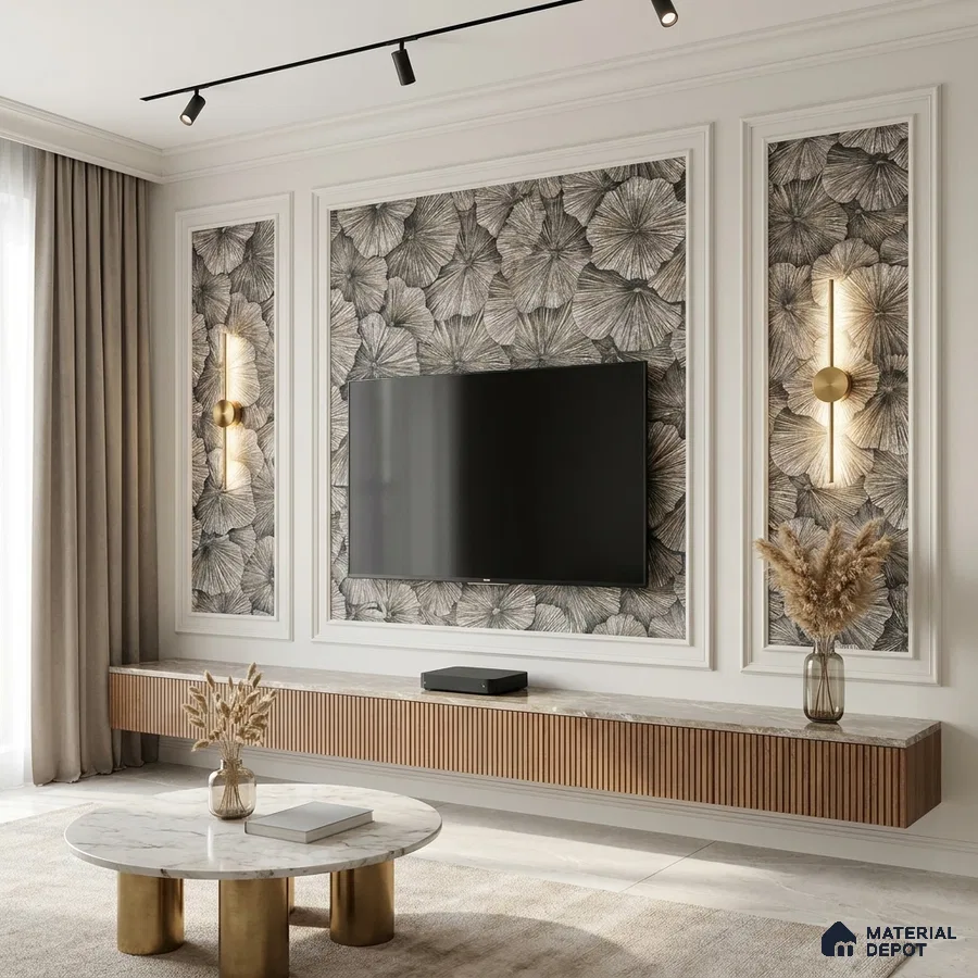 Modern living room with floral wallpaper, marble top TV unit, and fluted wood laminate