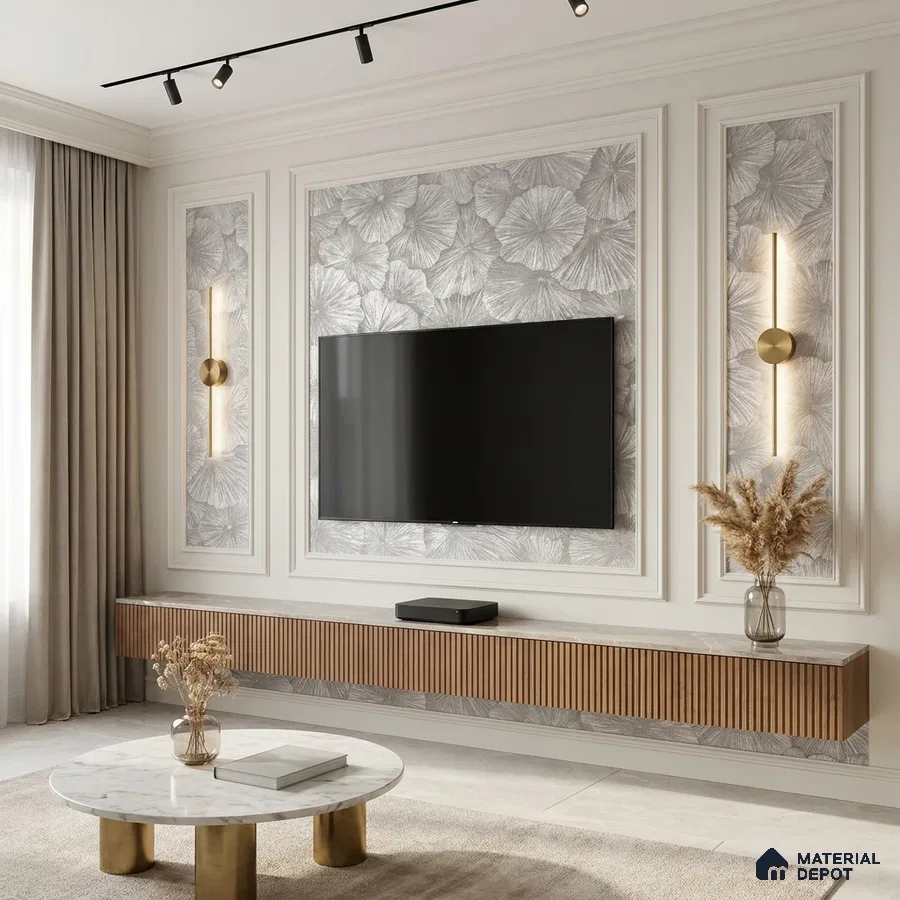 Modern living room with floral wallpaper, fluted wood TV unit, and marble coffee table