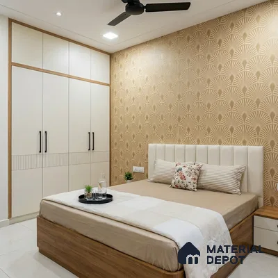 Modern bedroom with beige patterned wallpaper, white and wood wardrobe, and upholstered headboard