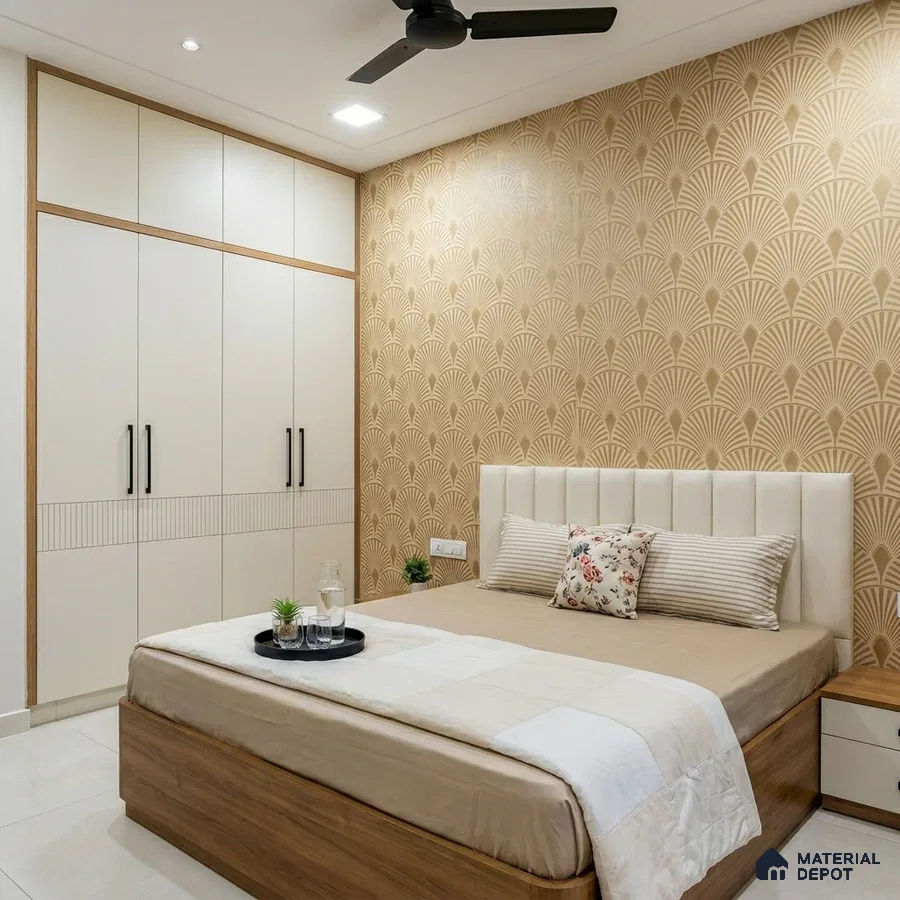Modern bedroom with beige patterned wallpaper, white and wood wardrobe, and upholstered headboard