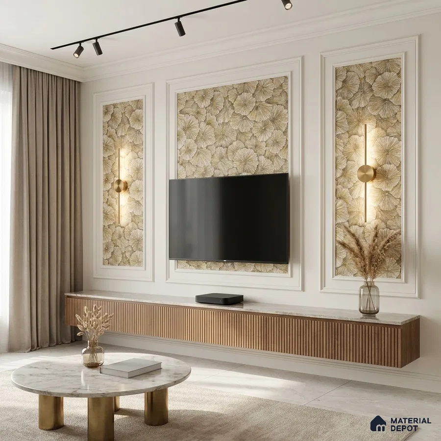 Modern living room with floral wallpaper, fluted wood laminate TV unit, and marble coffee table