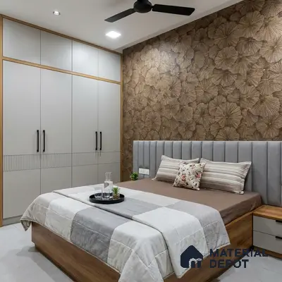 Modern bedroom with floral textured wallpaper, grey upholstered headboard, and matte beige wardrobe laminate