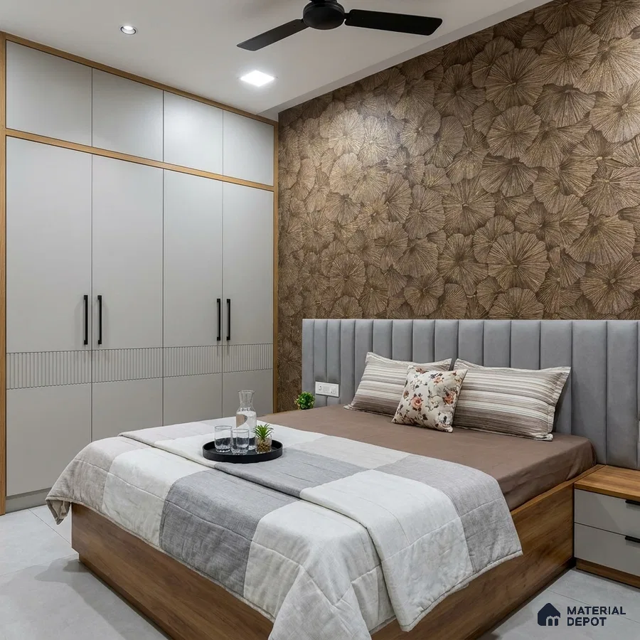 Modern bedroom with floral textured wallpaper, grey upholstered headboard, and matte beige wardrobe laminate