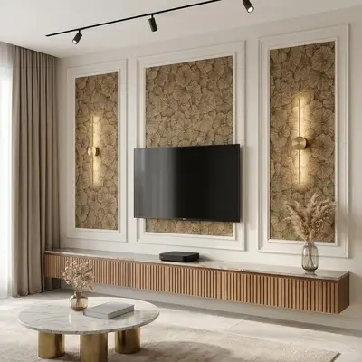 Modern living room with floral wallpaper, fluted wooden TV unit, and marble coffee table