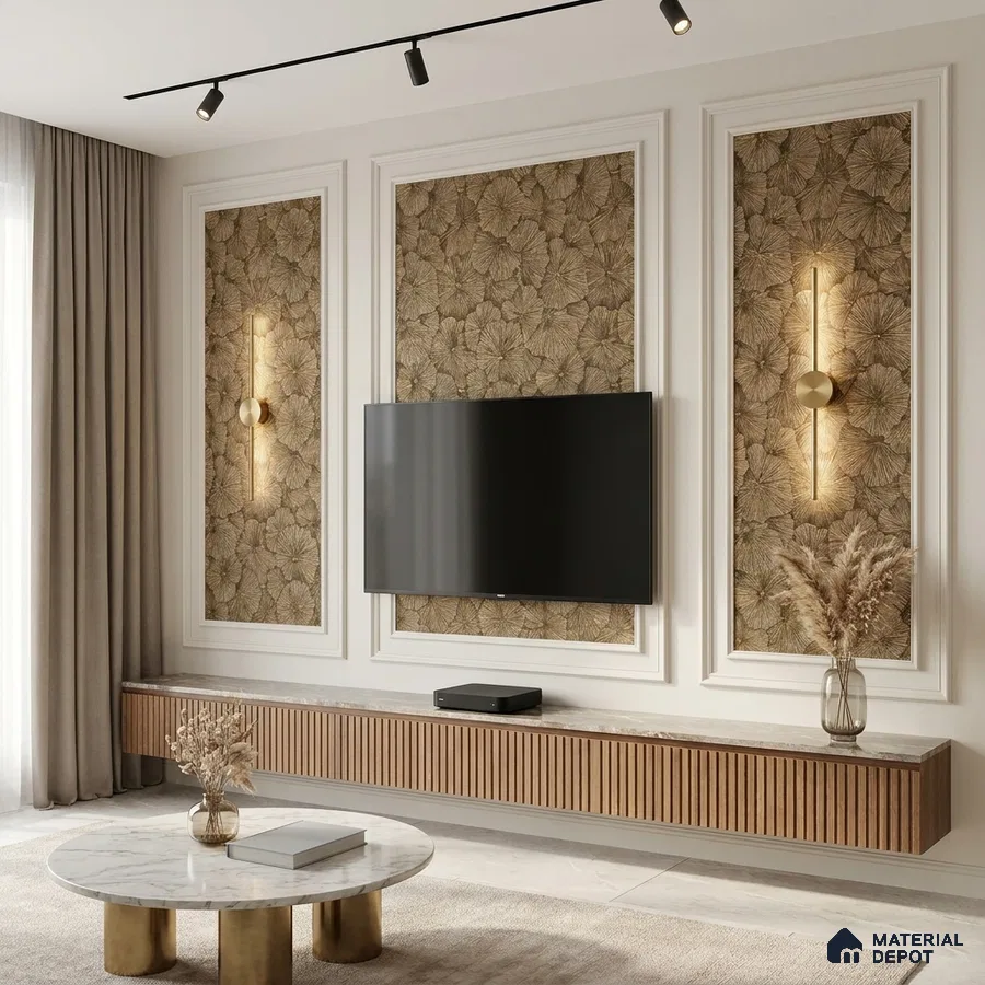 Modern living room with floral wallpaper, fluted wooden TV unit, and marble coffee table