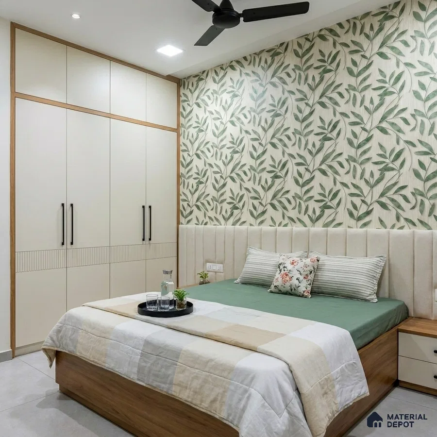 Modern bedroom with floral wallpaper, beige upholstered headboard, and white laminate wardrobe